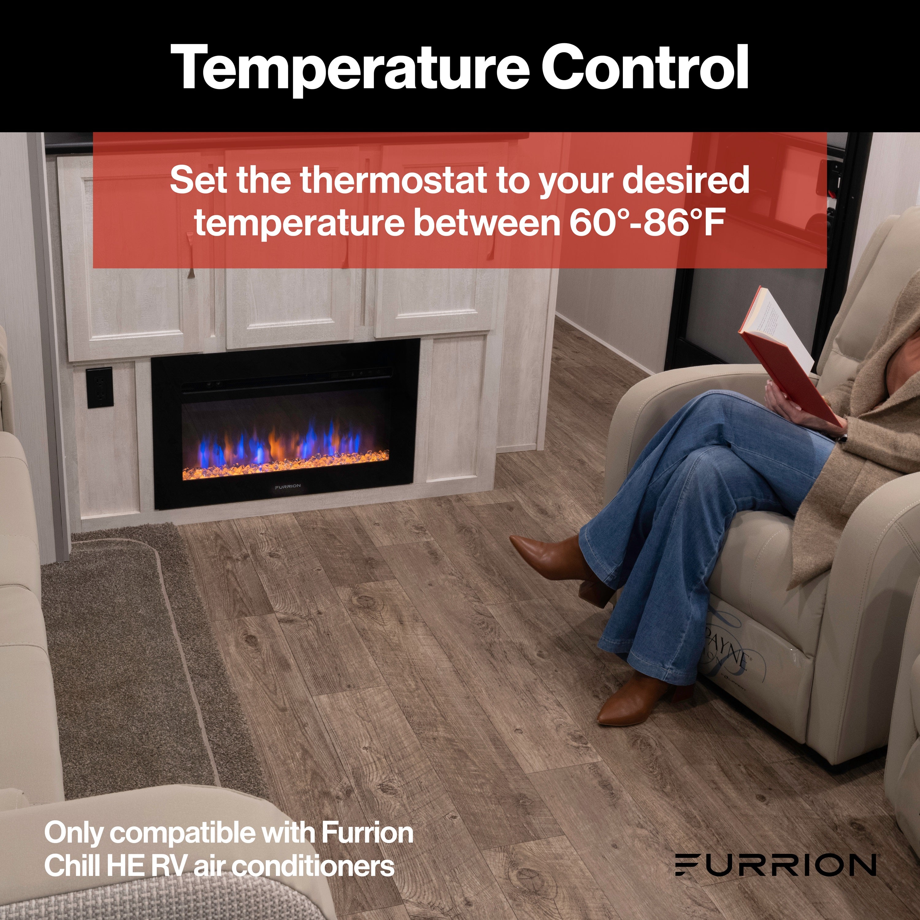 Furrion Chill® Standard Single-Zone Backlit LED RV Wall Thermostat - 2 Fan Speeds, Black (R410A Refrigerant Compatible) #FACW10ESSA-BL