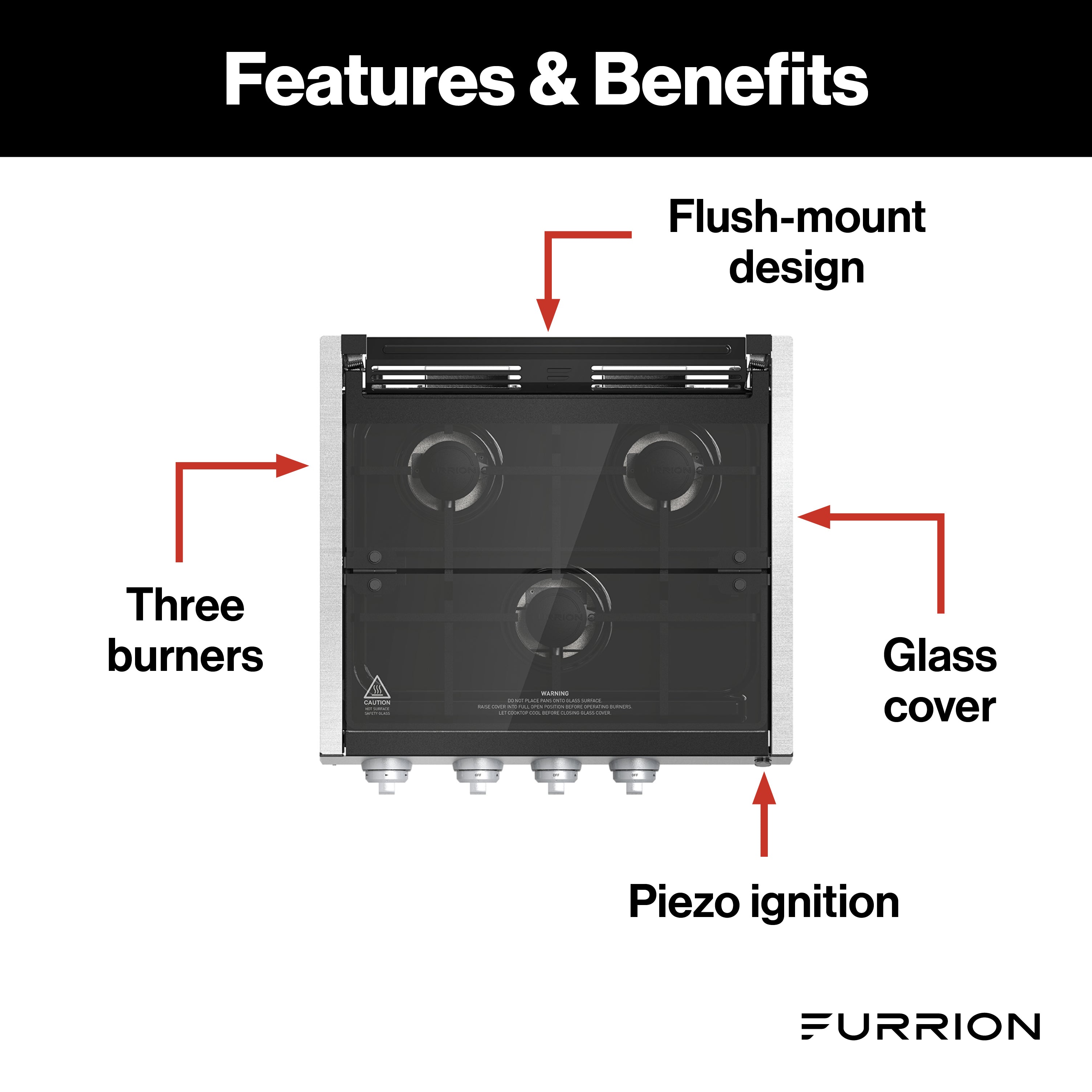 Furrion 3-Burner Gas RV Cooktop with Glass Cover - 20"RV-3-BURNER-GAS-COOKTOP