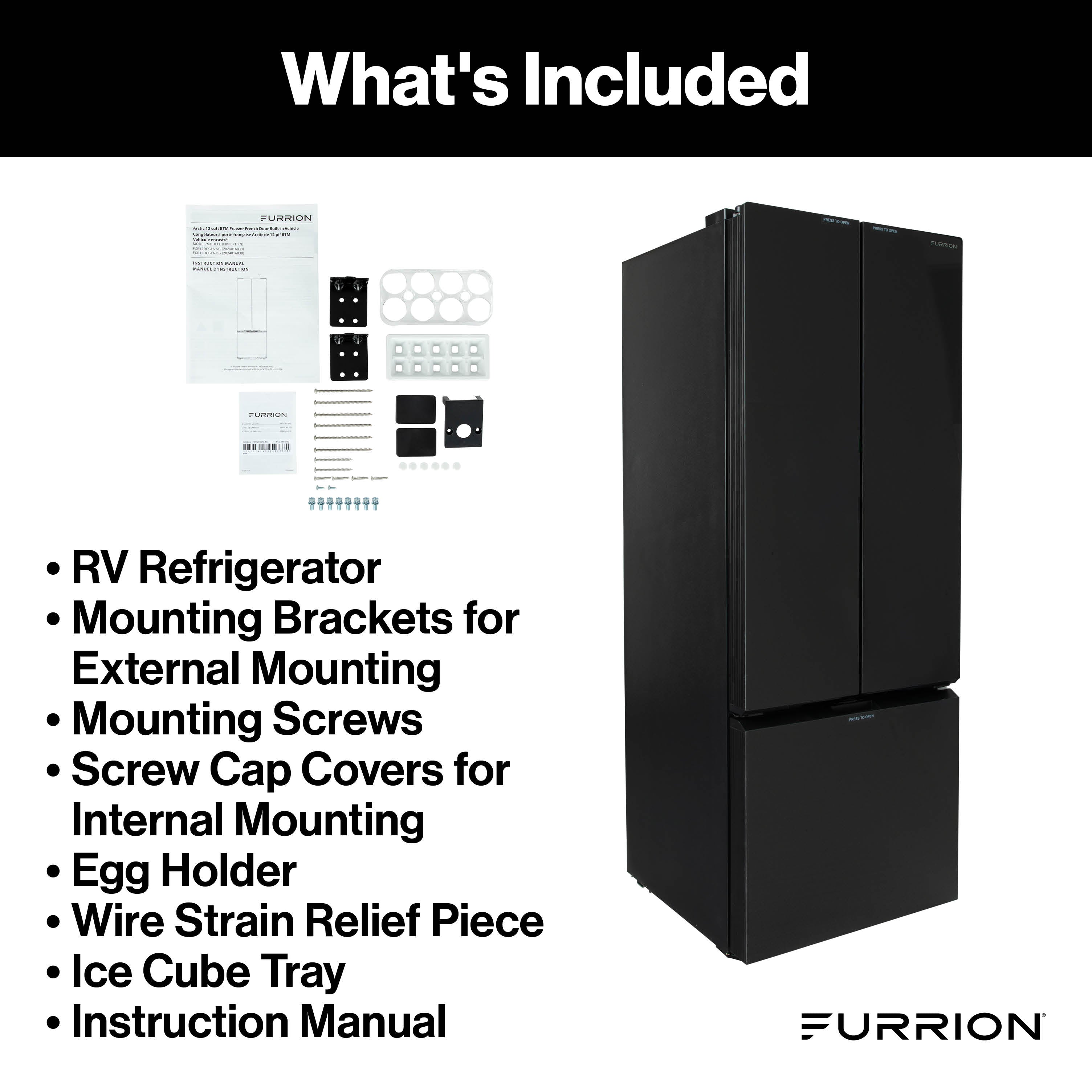 Furrion Built-In RV Refrigerator - 12V, 12 cu. ft., French Doors, Bottom Drawer Freezer, Black Glass Finish #FCR12DCGFA-BG 2024016838