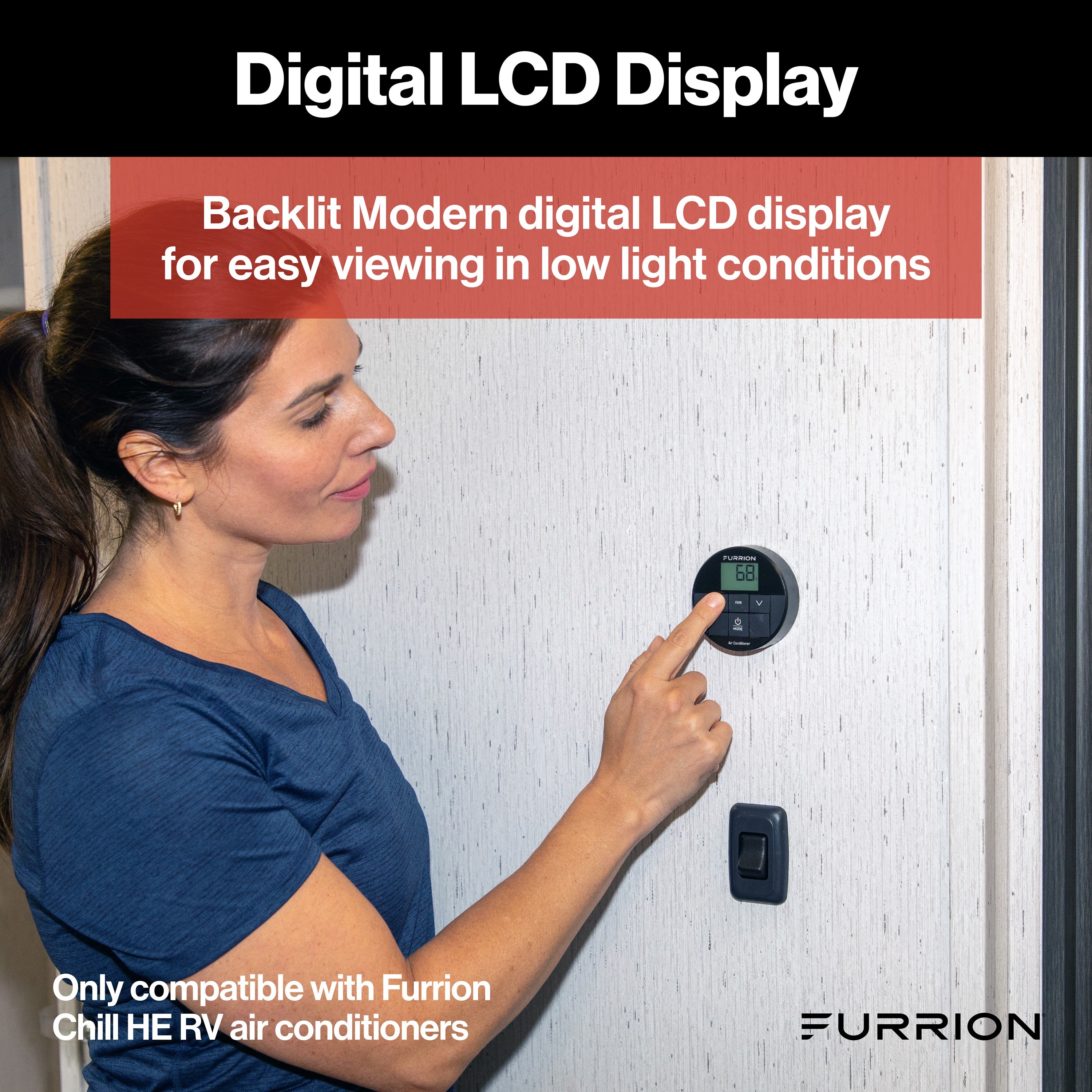 Furrion Chill® Standard Single-Zone Backlit LED RV Wall Thermostat - 2 Fan Speeds, Black (R410A Refrigerant Compatible) #FACW10ESSA-BL2021130946