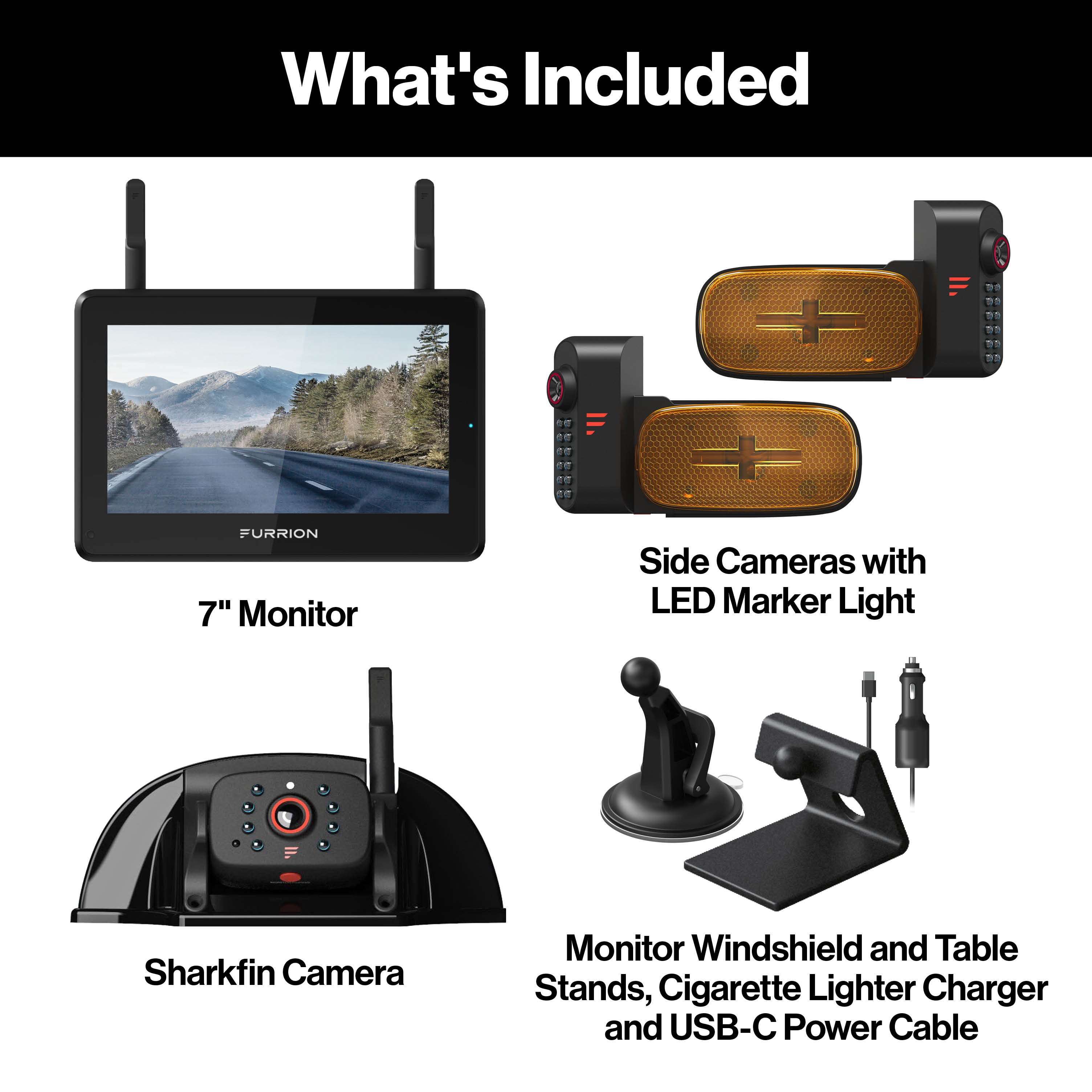 Furrion Vision S®+ RV Observation System - 7" Monitor, Side Cameras with LED Marker Lights, Sharkfin Camera #FOS7HTAEN2021124369