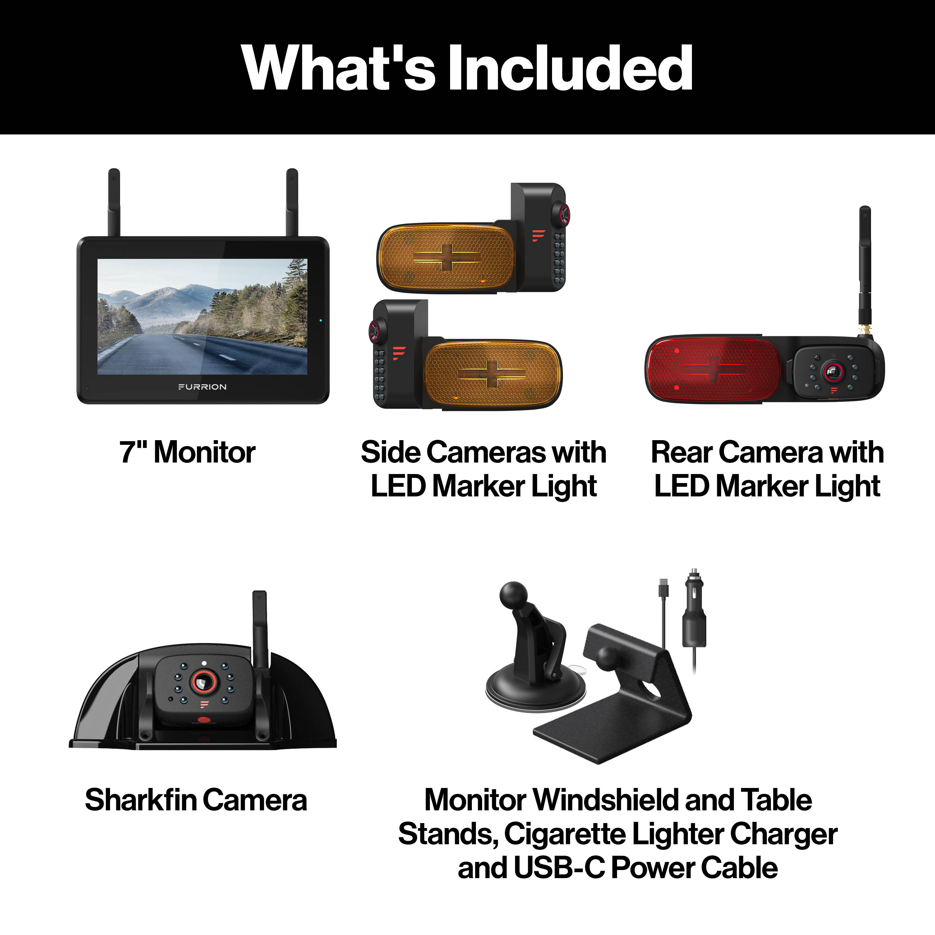 Furrion Vision S®+ RV Observation System - 7" Monitor, Side Cameras with LED Marker Lights, Sharkfin Camera, Rear Camera with LED Marker Light #FOS7HTAPM
