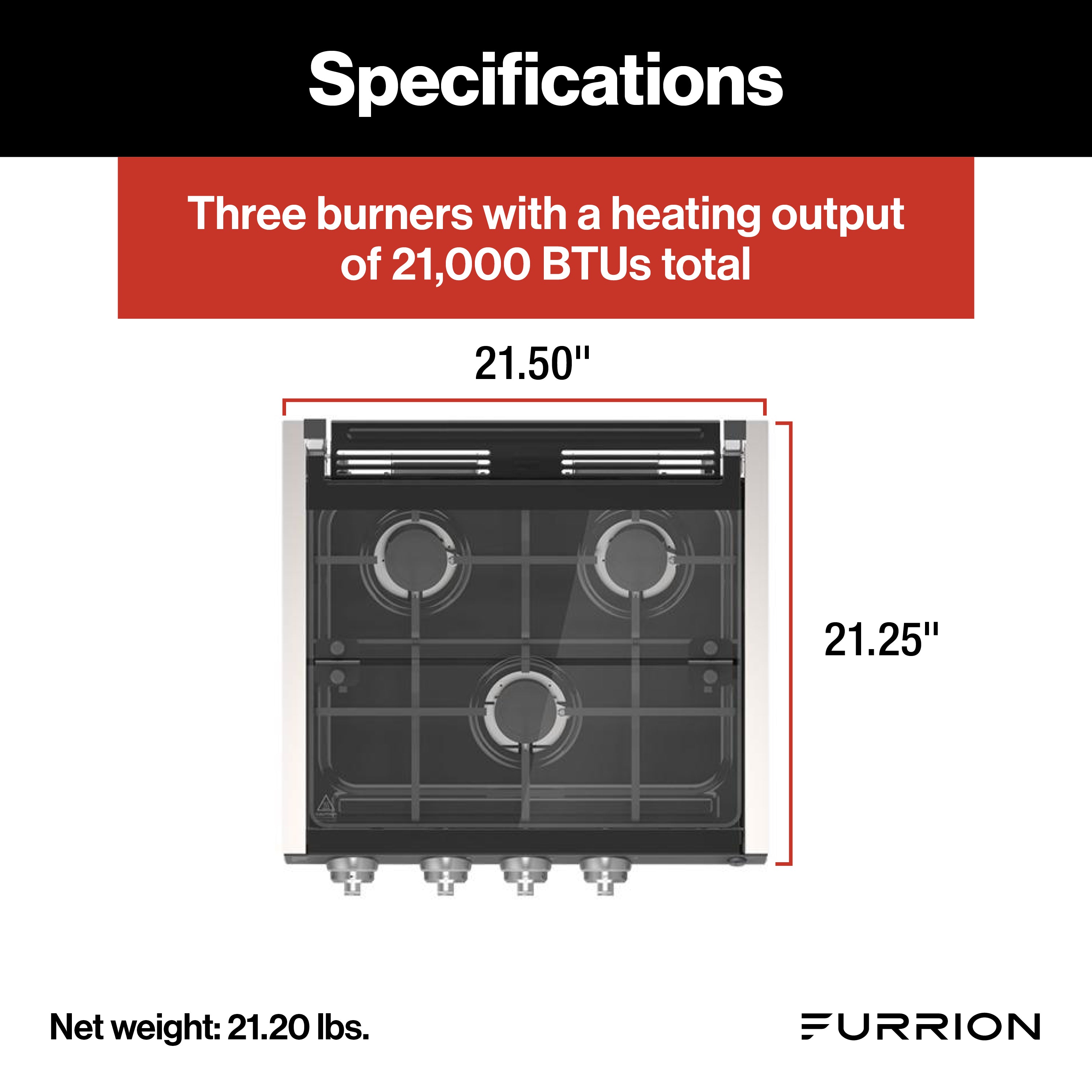 Furrion 3-Burner Gas RV Cooktop with Glass Cover - 20"