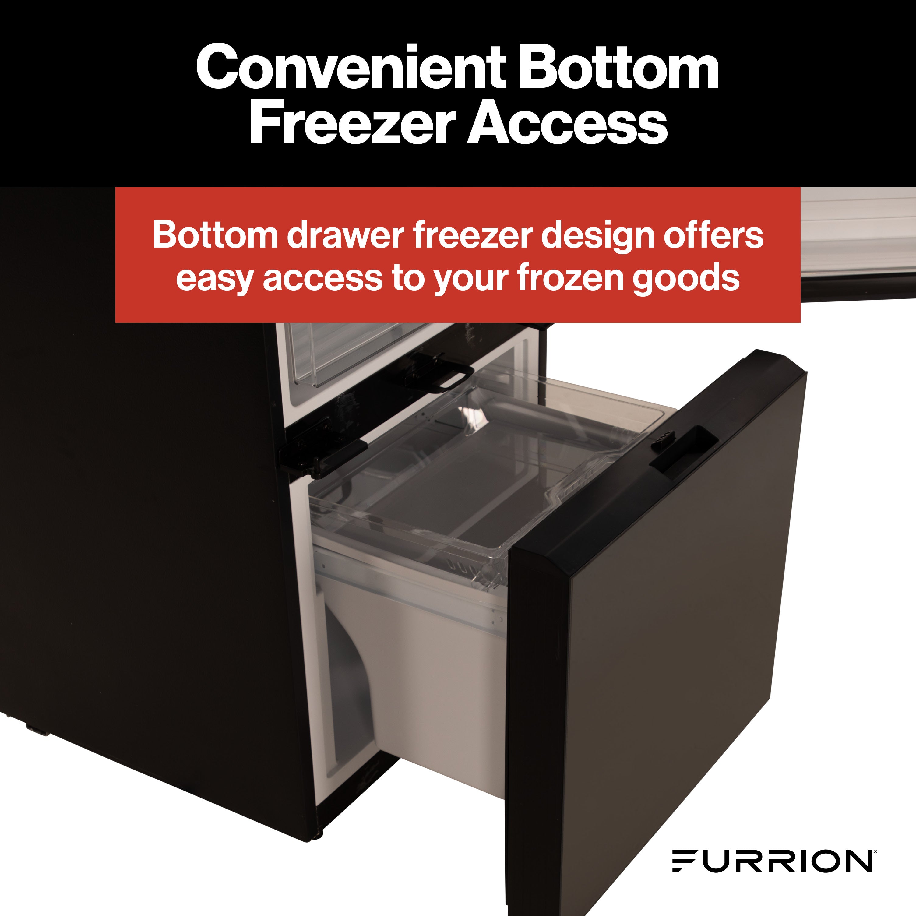 Furrion RV Refrigerator - 12V, 10.7 cu. ft., Dual Swing Doors, Bottom Drawer Freezer, Black Glass Finish #FCR10DCGBA-BG-DS
