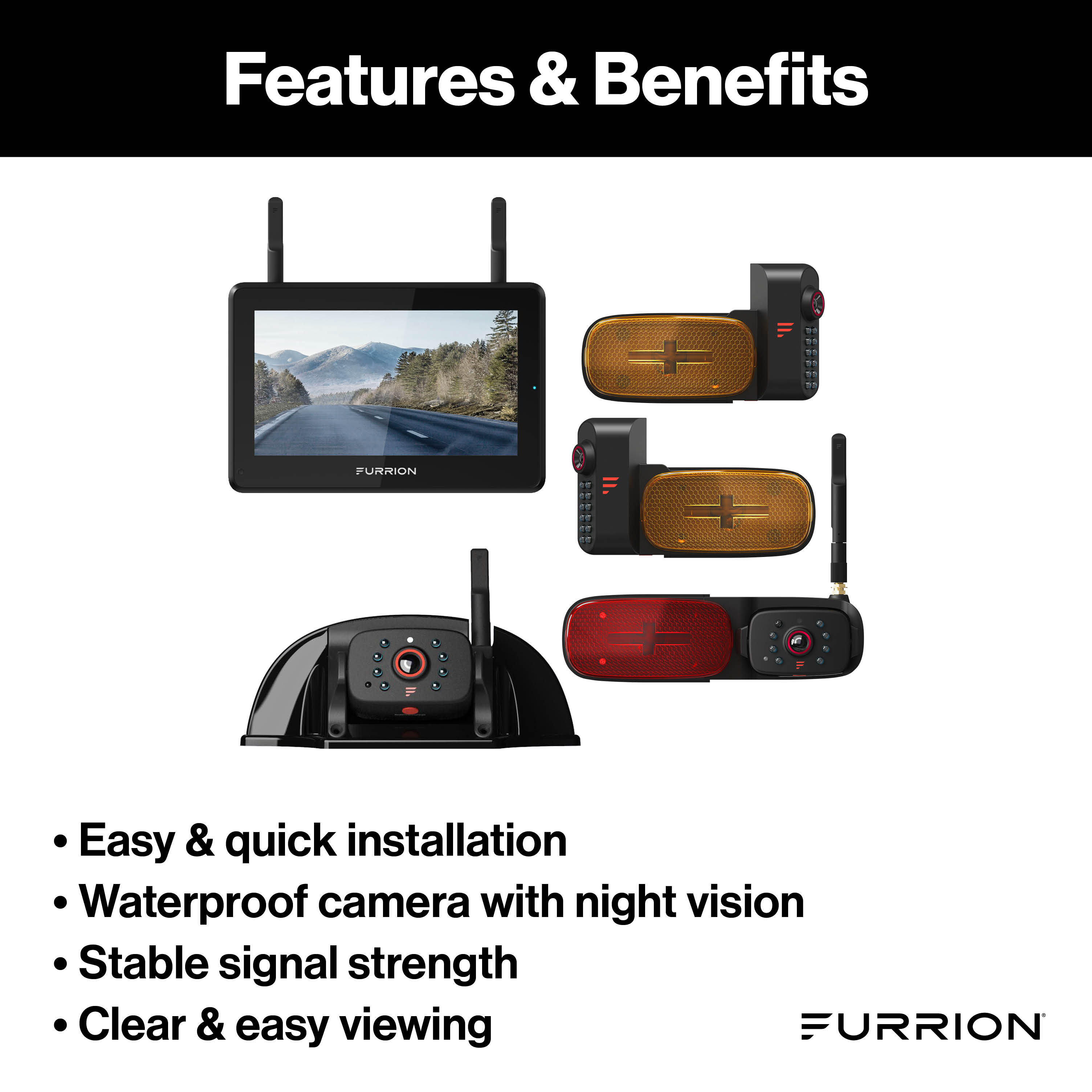 Furrion Vision S®+ RV Observation System - 7" Monitor, Side Cameras with LED Marker Lights, Sharkfin Camera, Rear Camera with LED Marker Light #FOS7HTAPM