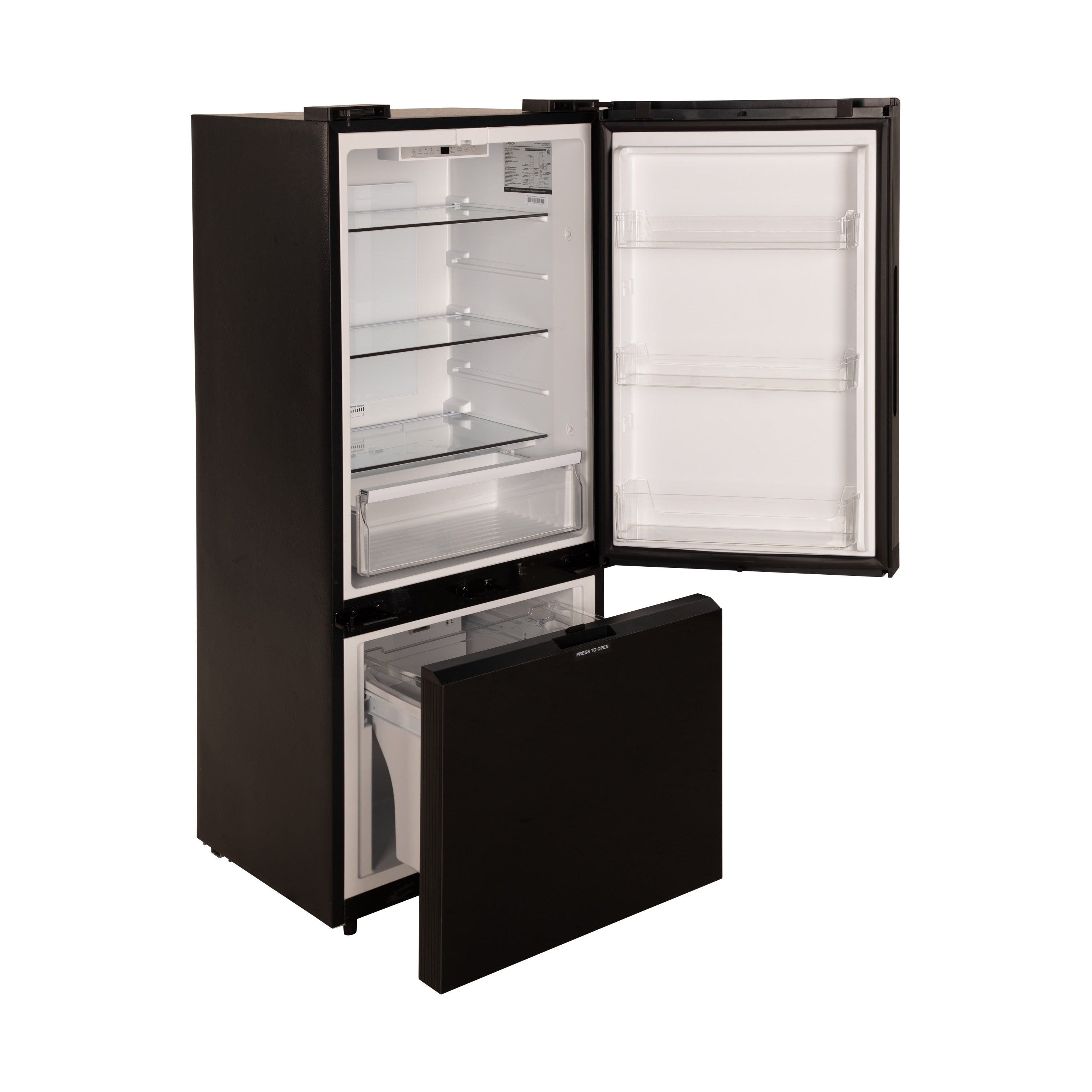 Furrion RV Refrigerator - 12V, 10.7 cu. ft., Dual Swing Doors, Bottom Drawer Freezer, Black Glass Finish #FCR10DCGBA-BG-DS