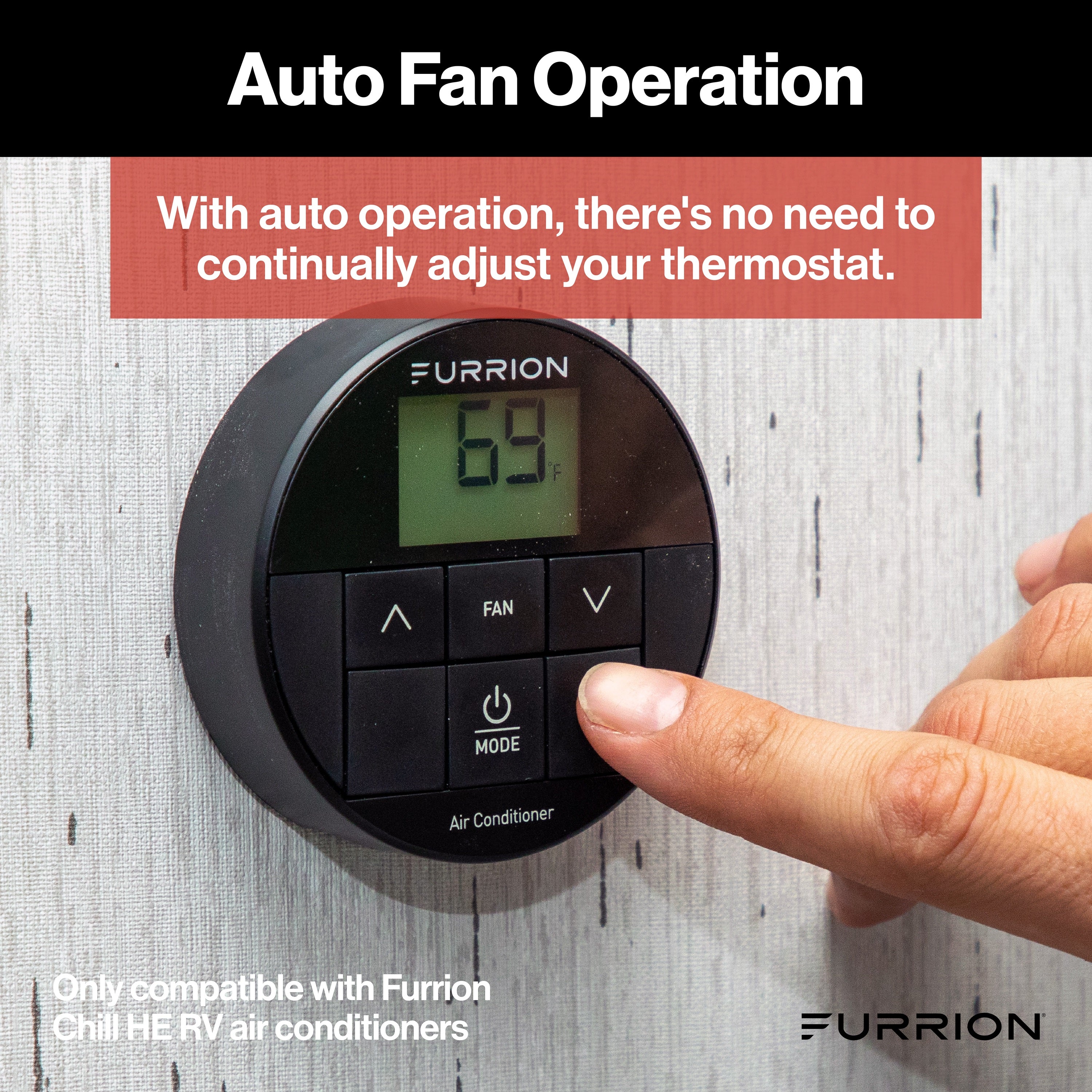 Furrion Chill® Standard Single-Zone Backlit LED RV Wall Thermostat - 2 Fan Speeds, Black (R410A Refrigerant Compatible) #FACW10ESSA-BL