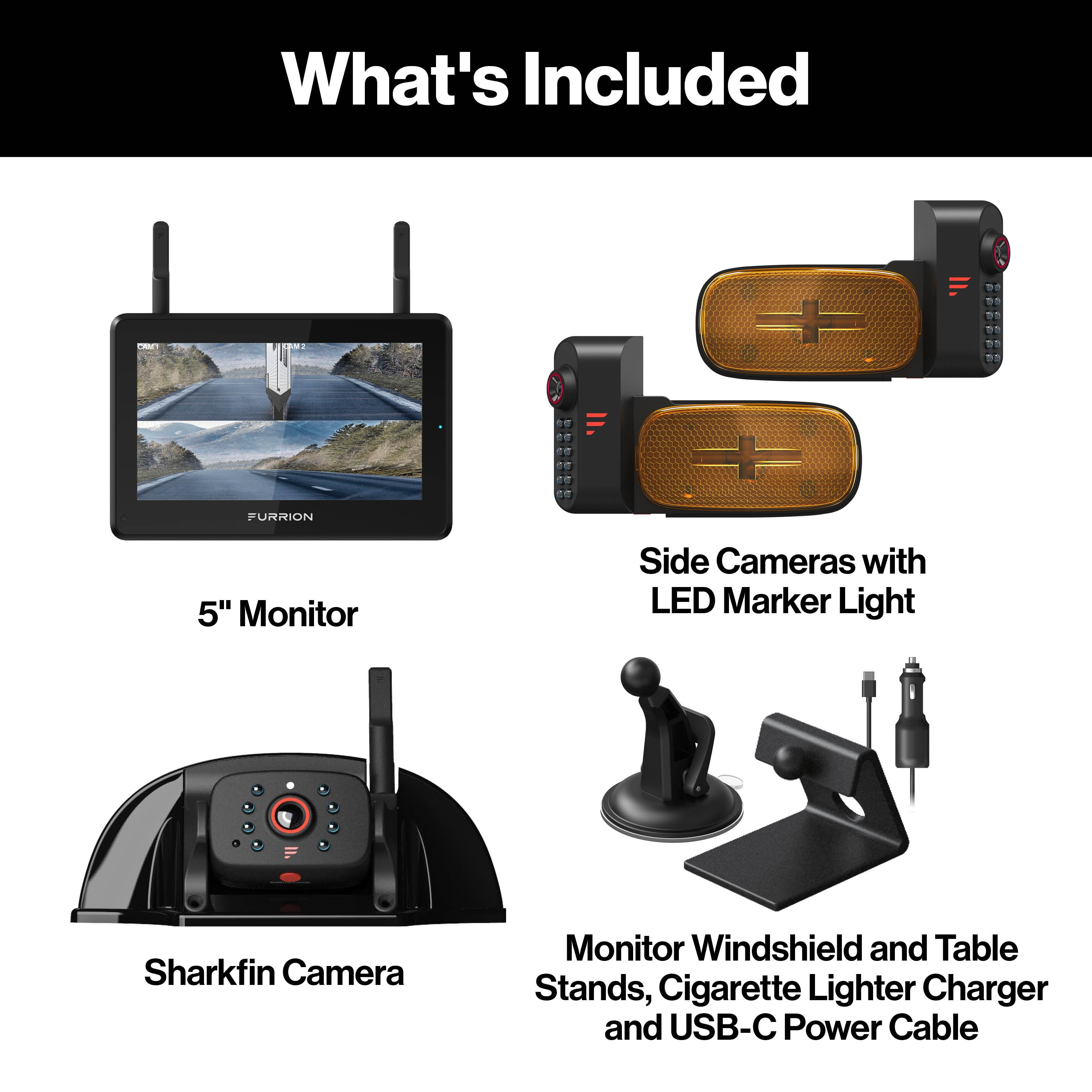 Furrion Vision S®+ RV Backup Camera System - 5" Monitor, Side Cameras, Rear Sharkfin Camera # FOS5HTAEN