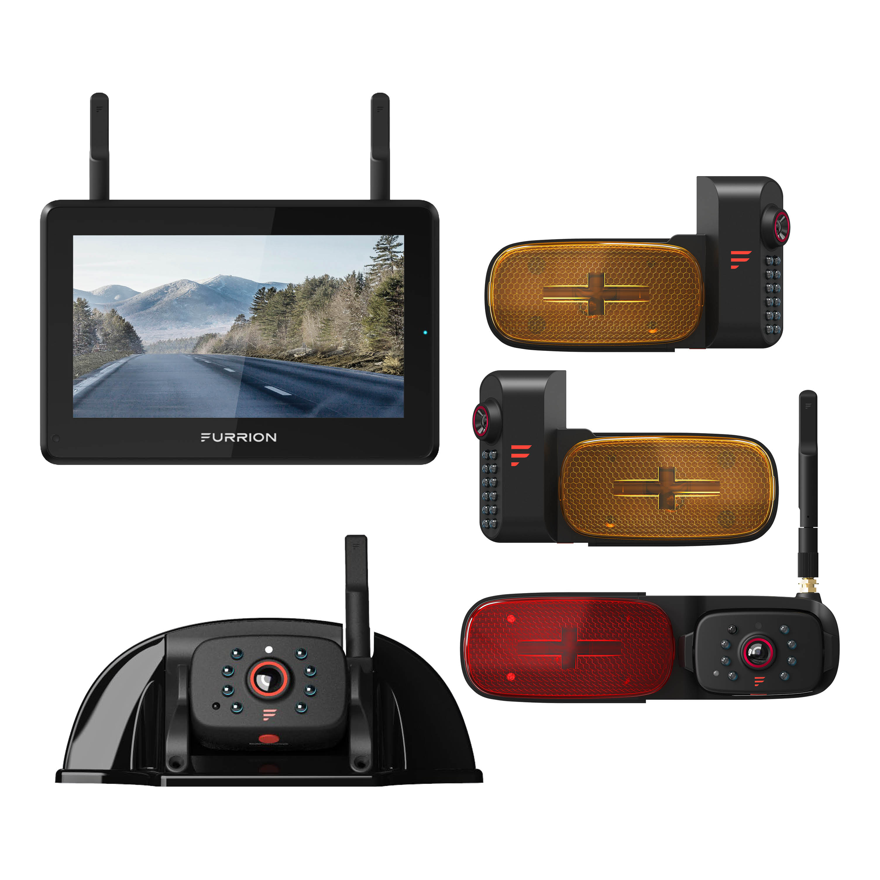 Furrion Vision S®+ RV Observation System - 7" Monitor, Side Cameras with LED Marker Lights, Sharkfin Camera, Rear Camera with LED Marker Light #FOS7HTAPM