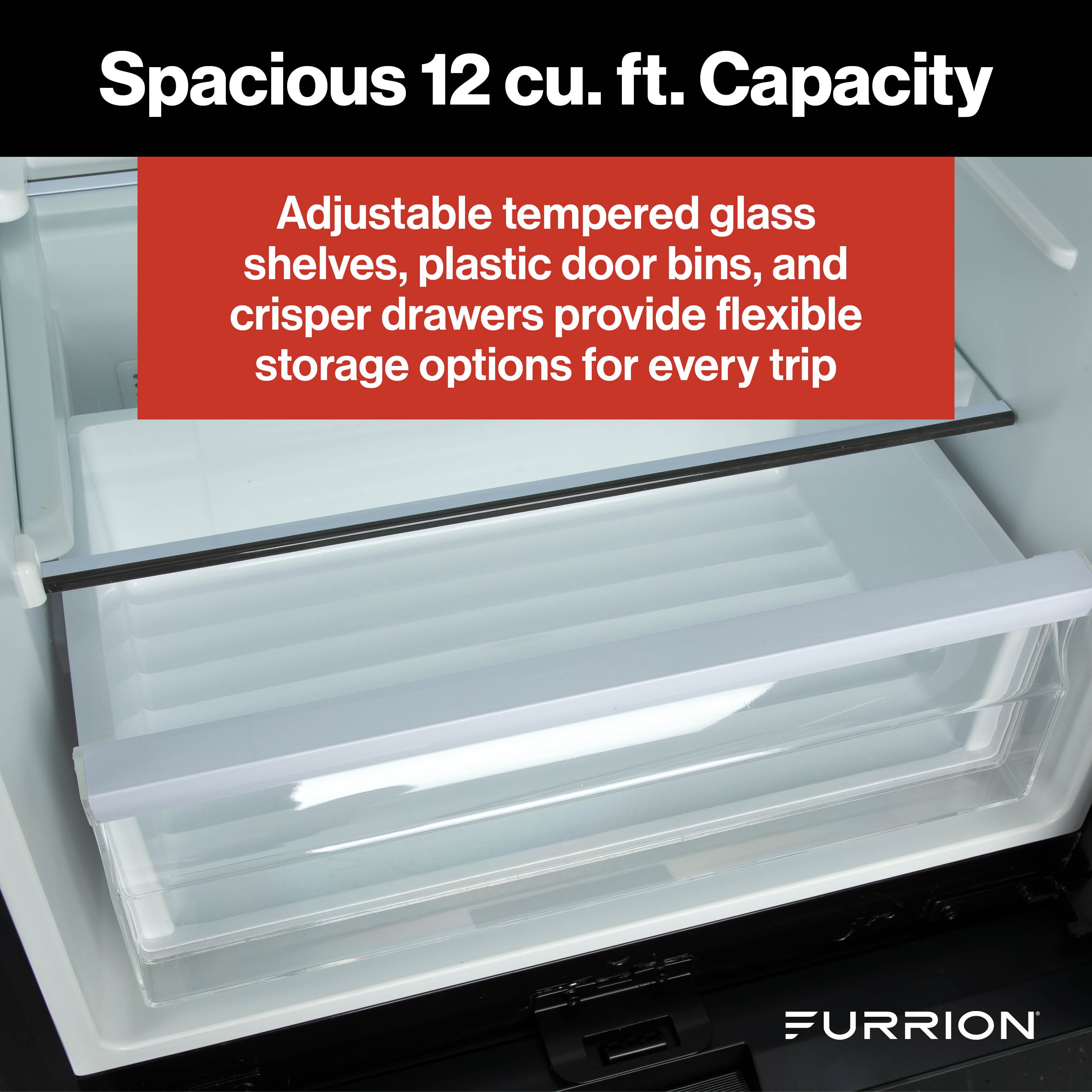 Furrion Built-In RV Refrigerator - 12V, 12 cu. ft., French Doors, Bottom Drawer Freezer, Black Glass Finish #FCR12DCGFA-BG 2024016838