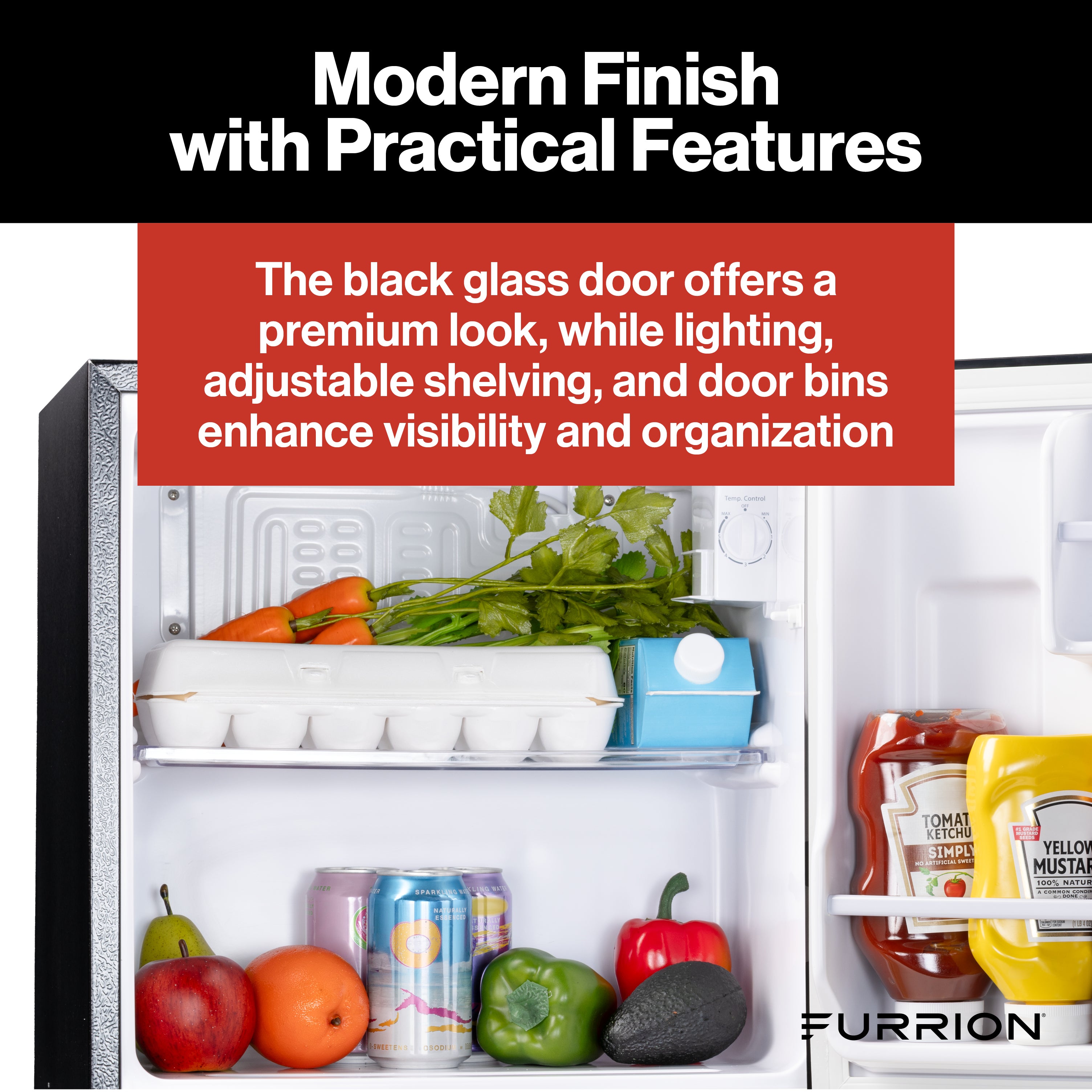 Furrion RV Refrigerator - 110V, 1.6 cu. ft., Black Glass Finish 1-6-CUFT-110V-REFRIGERATOR-NO-FREEZER