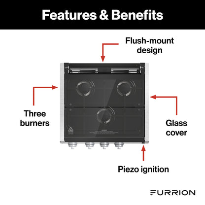 Furrion 3-Burner Gas RV Cooktop with Glass Cover - 20"