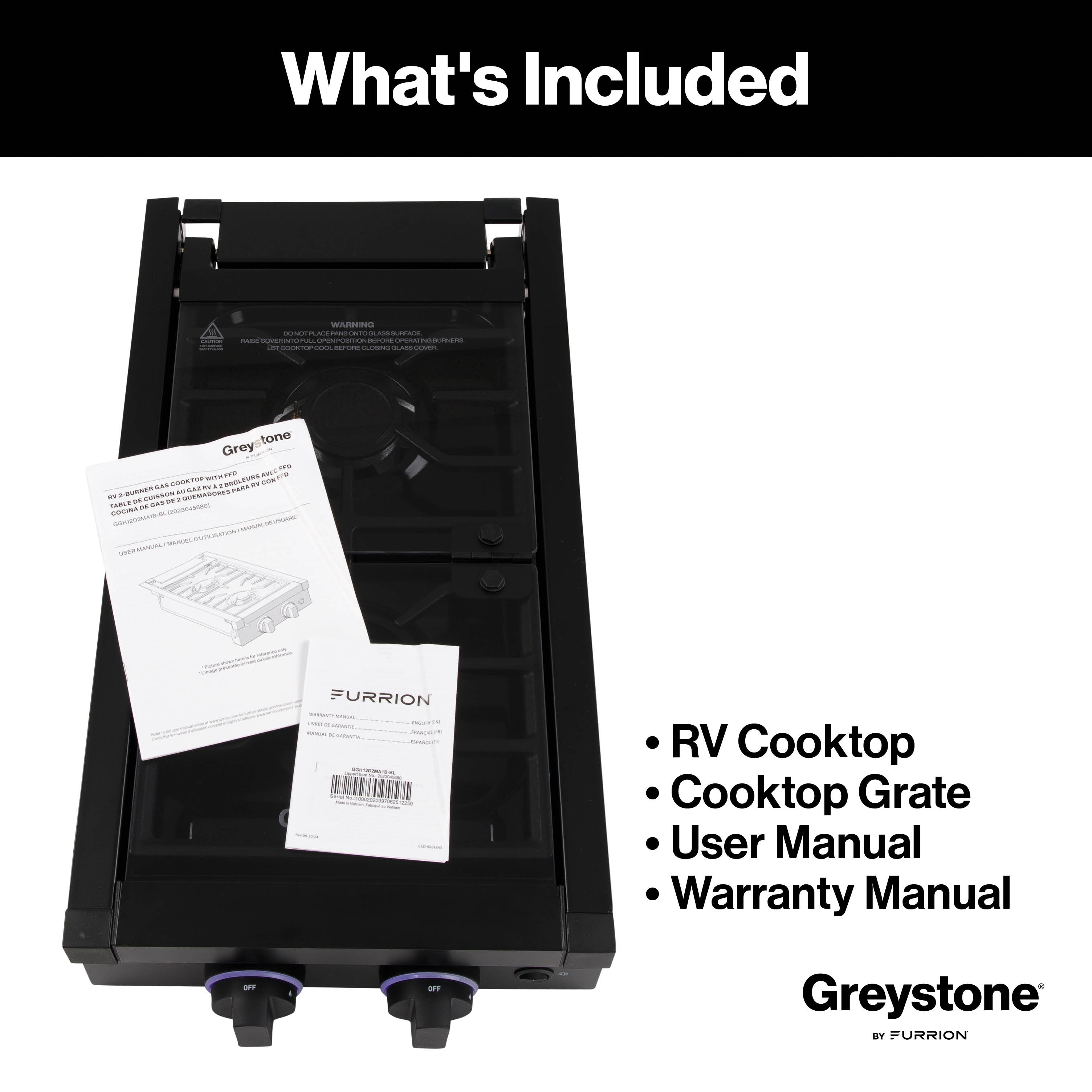 Greystone® by Furrion 2-Burner Gas RV Cooktop with Flame Sense (FFD) - 12", Glass Cover #GGH12D2MA1B-BL  2023045680