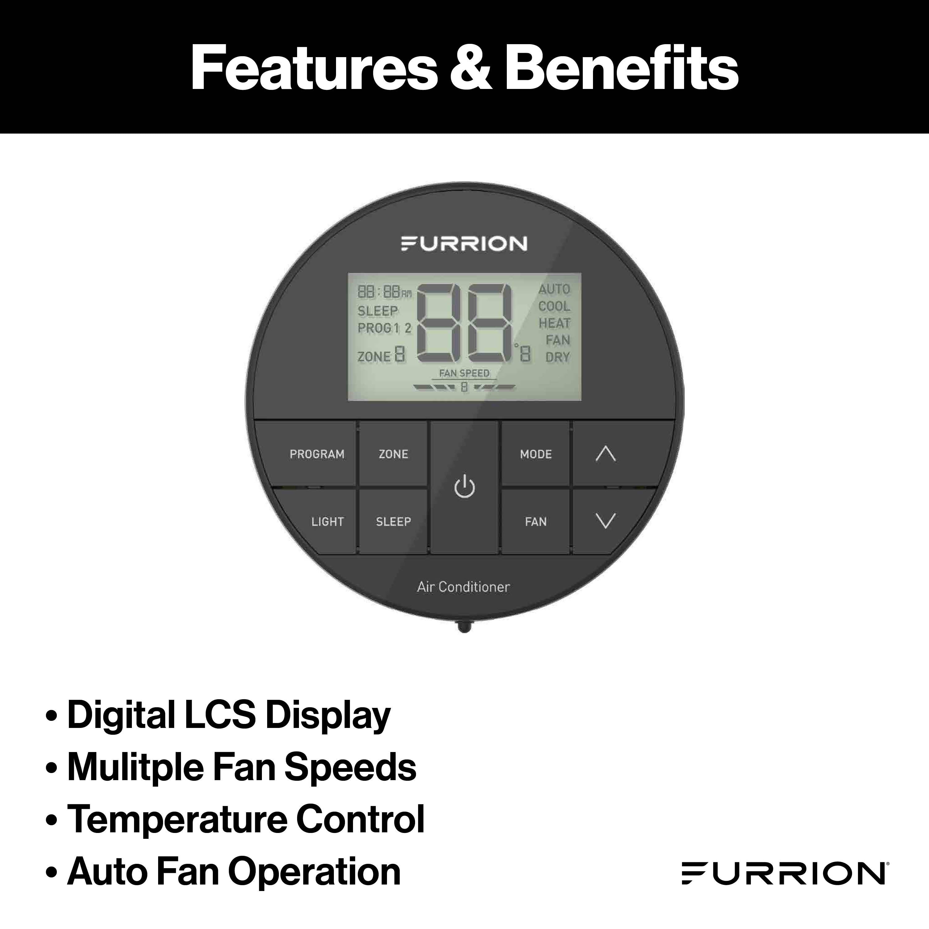 Furrion Chill® Multi-Zone Wall Thermostat - Black, 3 Fan Speeds (R32) #FACW12ESZA2-BL-AM