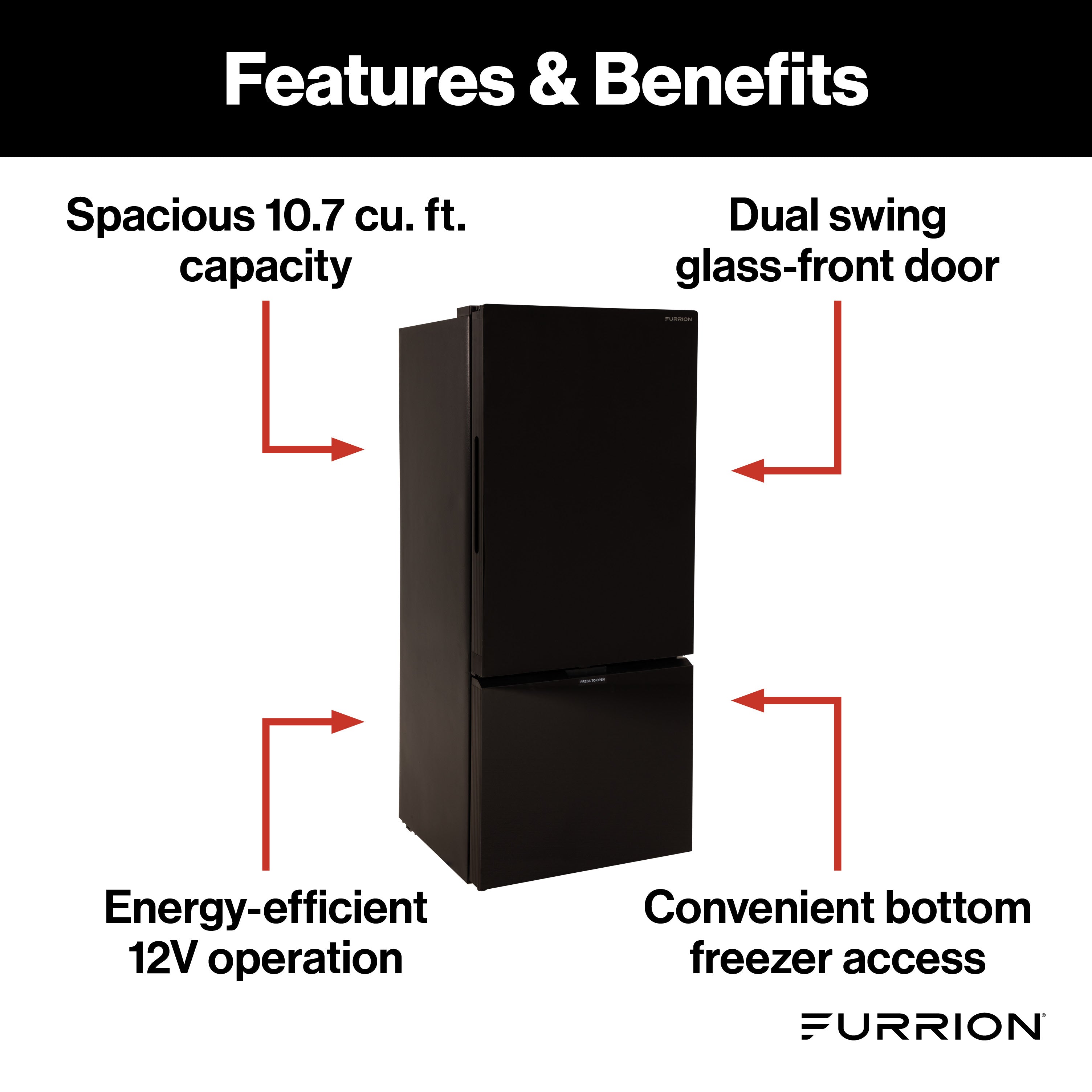 Furrion RV Refrigerator - 12V, 10.7 cu. ft., Dual Swing Doors, Bottom Drawer Freezer, Black Glass Finish #FCR10DCGBA-BG-DS