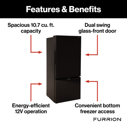 Furrion RV Refrigerator - 12V, 10.7 cu. ft., Dual Swing Doors, Bottom Drawer Freezer, Black Glass Finish #FCR10DCGBA-BG-DS
