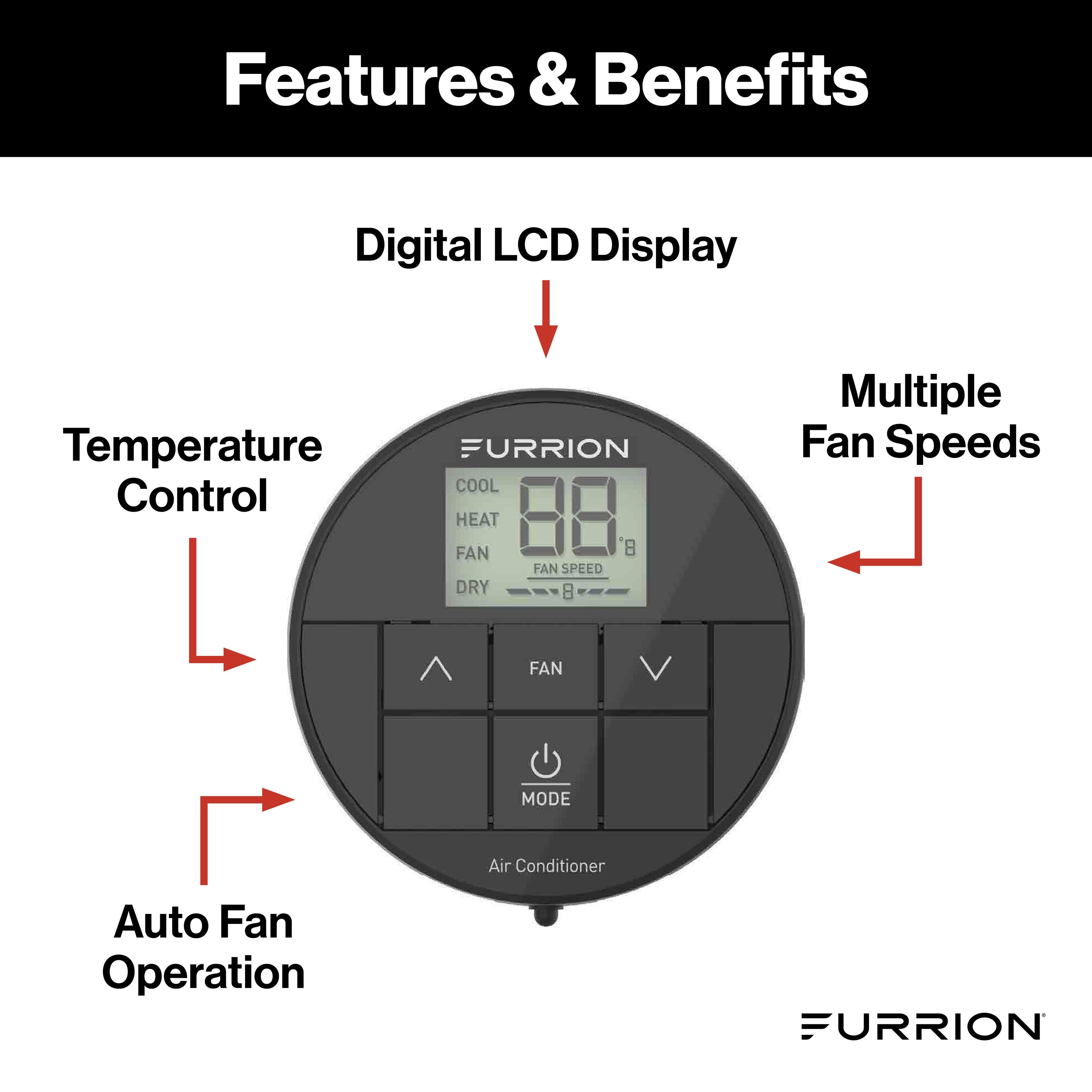 Furrion Chill® Standard Single-Zone Backlit LED RV Wall Thermostat - 2 Fan Speeds, Black (R410A Refrigerant Compatible) #FACW10ESSA-BL