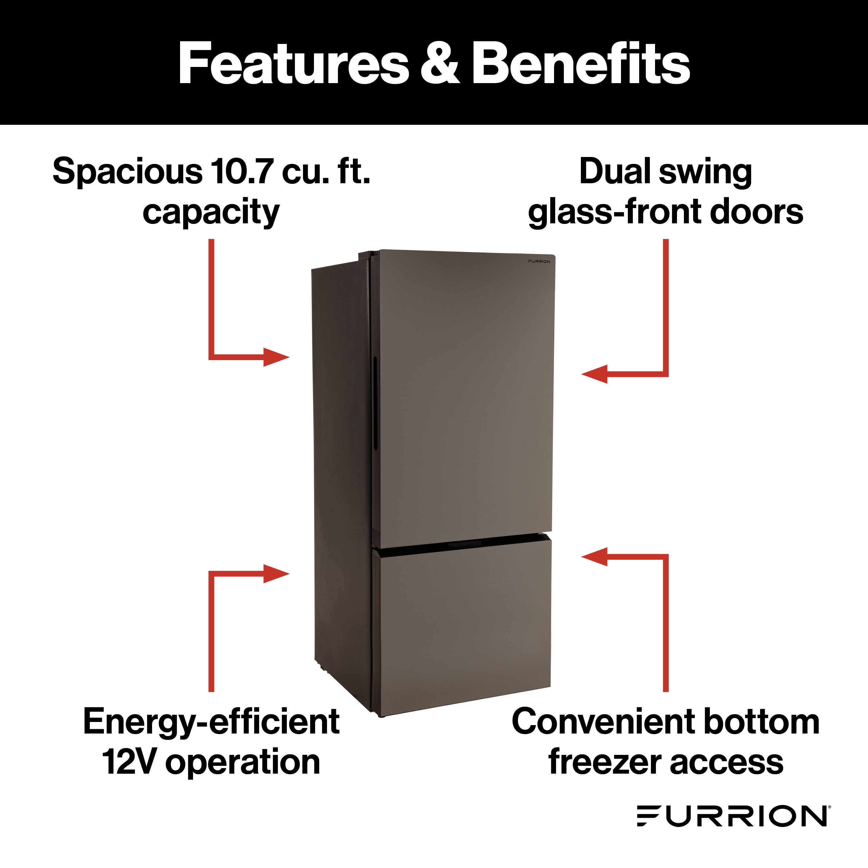 Furrion RV Refrigerator - 12V, 10.7 cu. ft., Dual Swing Doors, Bottom Door Freezer