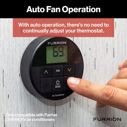 Furrion Chill® Standard Single-Zone Backlit LED RV Wall Thermostat - 2 Fan Speeds, Black (R410A Refrigerant Compatible) #FACW10ESSA-BL