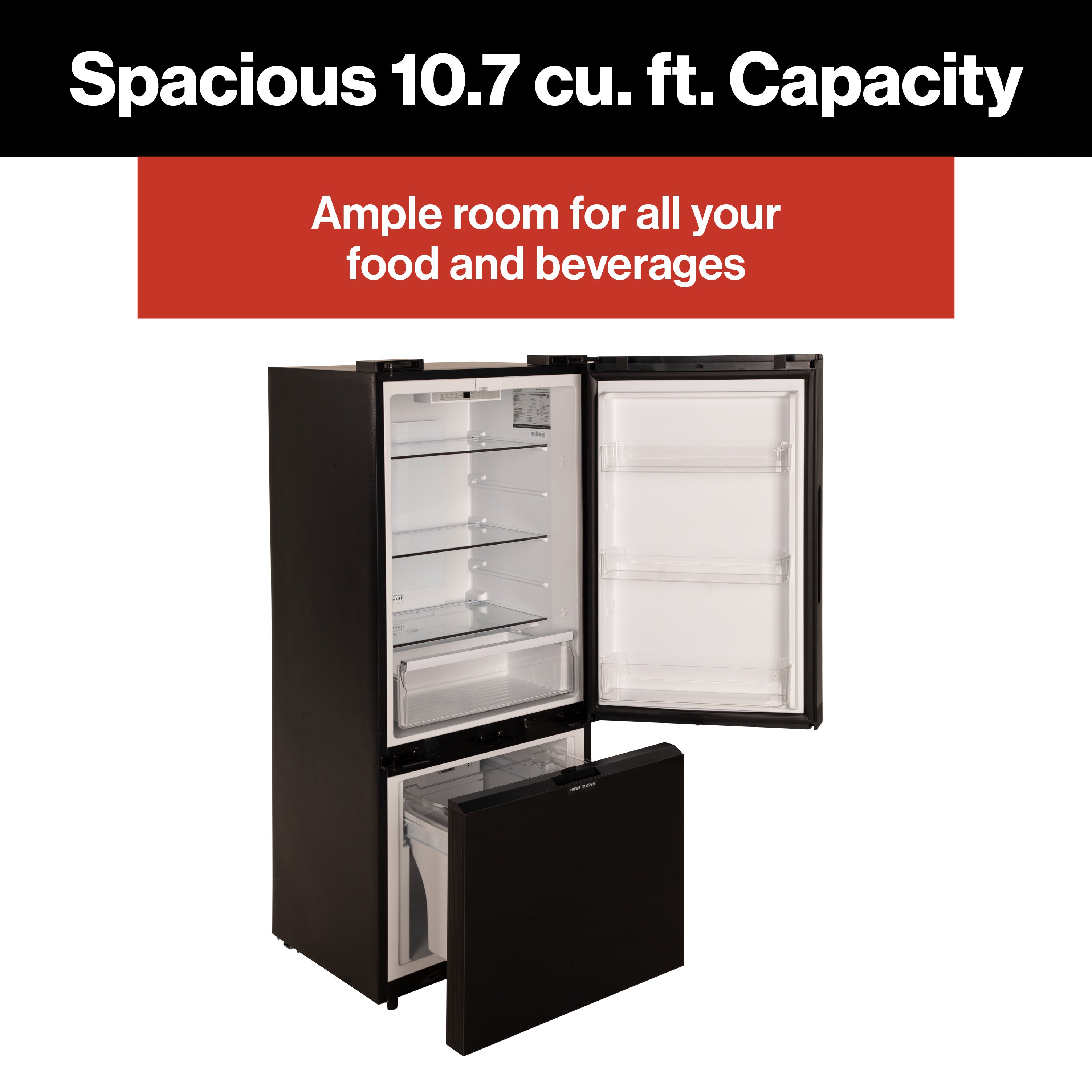 Furrion RV Refrigerator - 12V, 10.7 cu. ft., Dual Swing Doors, Bottom Drawer Freezer, Black Glass Finish #FCR10DCGBA-BG-DS