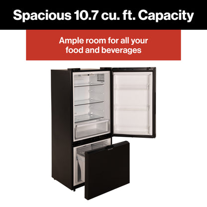 Furrion RV Refrigerator - 12V, 10.7 cu. ft., Dual Swing Doors, Bottom Drawer Freezer, Black Glass Finish #FCR10DCGBA-BG-DS